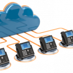 Business communication concept with a cloud connected to several business phones