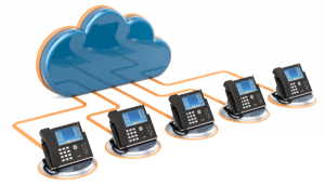 Business communication concept with a cloud connected to several business phones