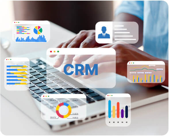 Circle of CRM integration graphics over someone typing on a laptop